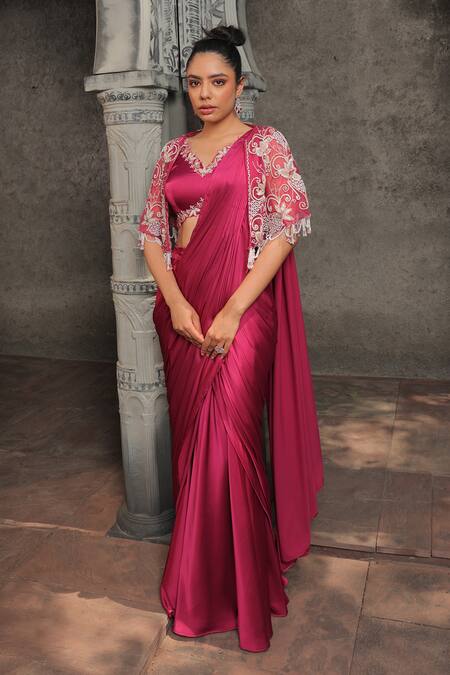 Label Astha Chhabra_Pink Satin, Net Beads, Sequins, Pearls Solid Pre-draped Saree Set With Cape _Online_at_Aza_Fashions