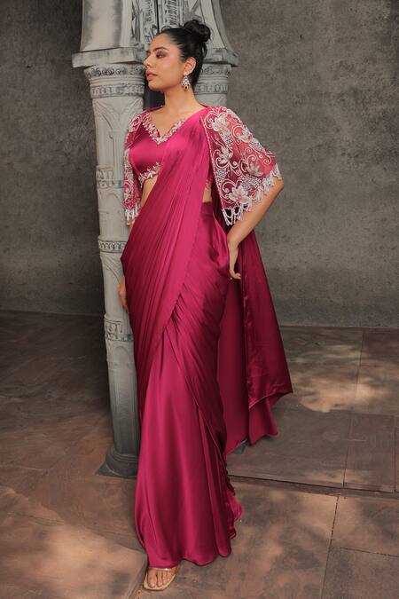 Buy_Label Astha Chhabra_Pink Satin, Net Beads, Sequins, Pearls Solid Pre-draped Saree Set With Cape _Online_at_Aza_Fashions