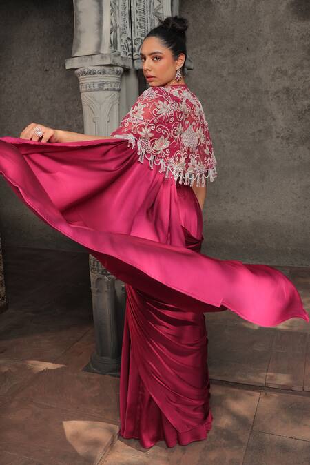 Shop_Label Astha Chhabra_Pink Satin, Net Beads, Sequins, Pearls Solid Pre-draped Saree Set With Cape _Online_at_Aza_Fashions