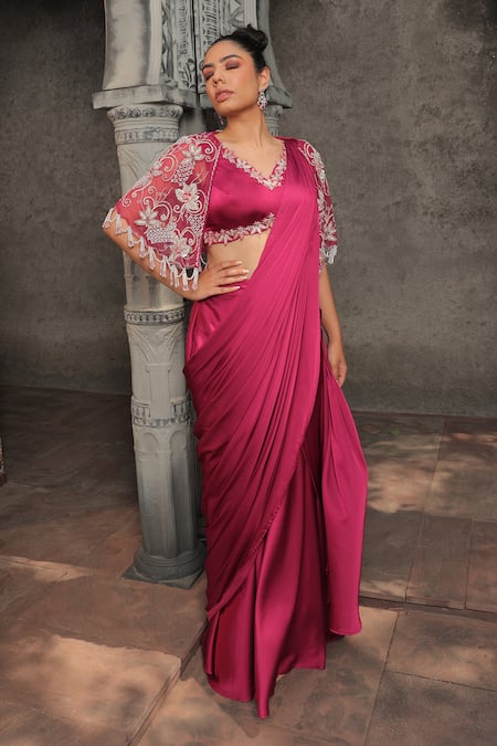 Label Astha Chhabra_Pink Satin, Net Beads, Sequins, Pearls Solid Pre-draped Saree Set With Cape _at_Aza_Fashions