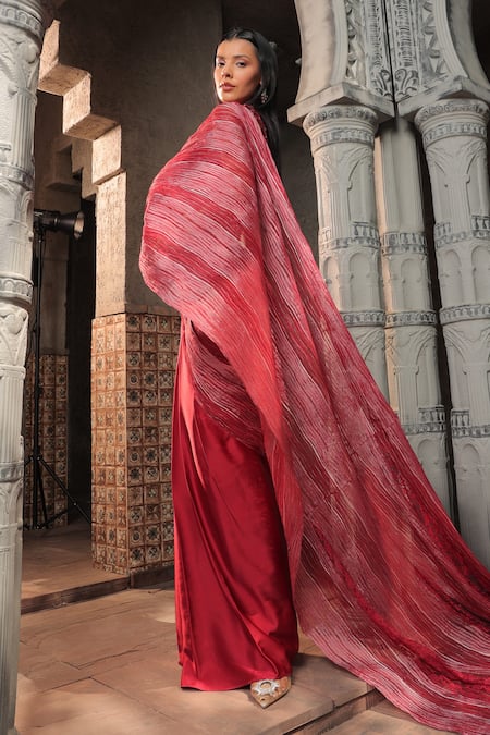 Buy_Label Astha Chhabra_Red Crepe, Satin, Silk Beads, Cut Stripe Detailed Pre-draped Saree With Blouse _Online_at_Aza_Fashions
