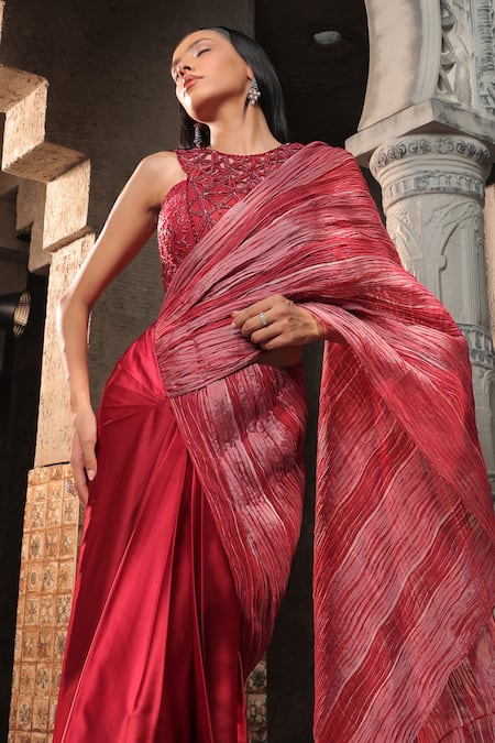 Shop_Label Astha Chhabra_Red Crepe, Satin, Silk Beads, Cut Stripe Detailed Pre-draped Saree With Blouse _Online_at_Aza_Fashions