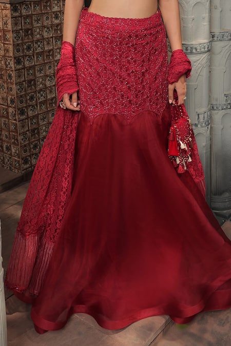 Buy_Label Astha Chhabra_Red Crepe, Silk, Organza Beads, Cut Work, Embroidery Hand Fish Lehenga Set _Online_at_Aza_Fashions