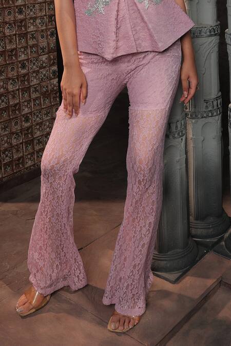 Buy_Label Astha Chhabra_Pink Net, Lace Pearls, Sequins Plunge Floral Hand Embroidered Shirt With Pant _Online_at_Aza_Fashions