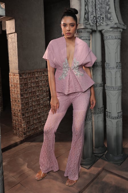 Shop_Label Astha Chhabra_Pink Net, Lace Pearls, Sequins Plunge Floral Hand Embroidered Shirt With Pant _Online_at_Aza_Fashions