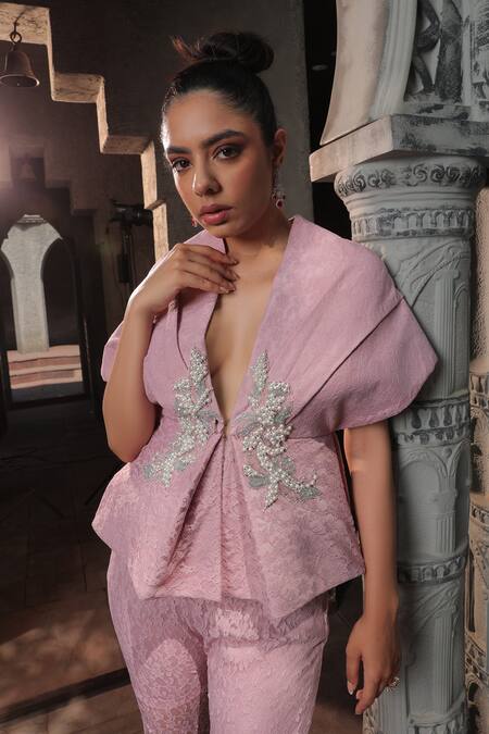Label Astha Chhabra_Pink Net, Lace Pearls, Sequins Plunge Floral Hand Embroidered Shirt With Pant _at_Aza_Fashions
