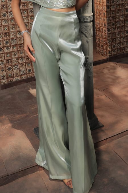 Label Astha Chhabra Green Organza Pearls, Hand Embroidered Structured Top With Bell Bottom Pant Online at Aza Fashions Label Astha Chhabra_Green Organza Pearls, Hand Embroidered Structured Top With Bell Bottom Pant _Online_at_Aza_Fashions