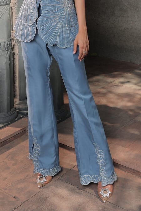 Buy Label Astha Chhabra Blue Organza Embroidery V-, Round Floral Hand Jacket With Pant Set Online at Aza Fashions Buy_Label Astha Chhabra_Blue Organza Embroidery V-, Round Floral Hand Jacket With Pant Set _Online_at_Aza_Fashions