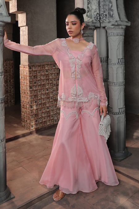 Label Astha Chhabra_Pink Organza Embroidery Bandeau Neck, Floral Hand Jacket With Sharara Set _Online_at_Aza_Fashions