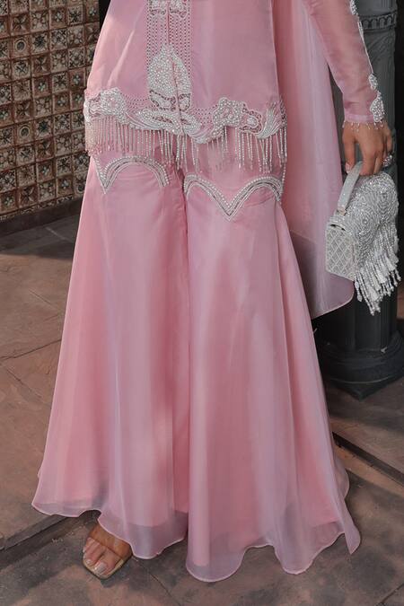 Label Astha Chhabra Pink Organza Embroidery Bandeau Neck, Floral Hand Jacket With Sharara Set at Aza Fashions Label Astha Chhabra_Pink Organza Embroidery Bandeau Neck, Floral Hand Jacket With Sharara Set _at_Aza_Fashions