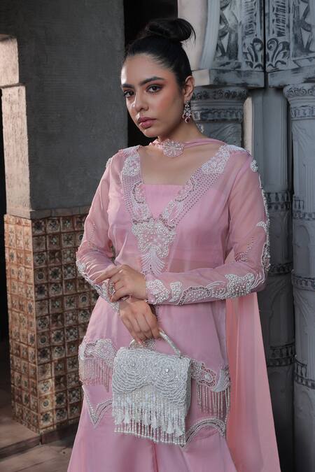 Buy_Label Astha Chhabra_Pink Organza Embroidery Bandeau Neck, Floral Hand Jacket With Sharara Set 