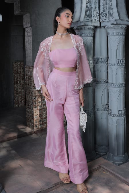 Shop_Label Astha Chhabra_Pink Organza Embroidery Open , Square Floral Jacket With Pant Set _Online_at_Aza_Fashions