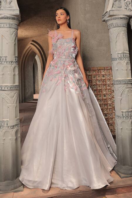 Buy_Label Astha Chhabra_Grey Organza Embroidery, Sequins, Pearls Square Neck Floral Hand Gown _Online_at_Aza_Fashions