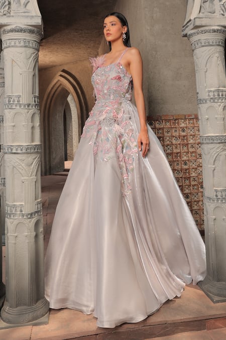 Shop_Label Astha Chhabra_Grey Organza Embroidery, Sequins, Pearls Square Neck Floral Hand Gown _Online_at_Aza_Fashions