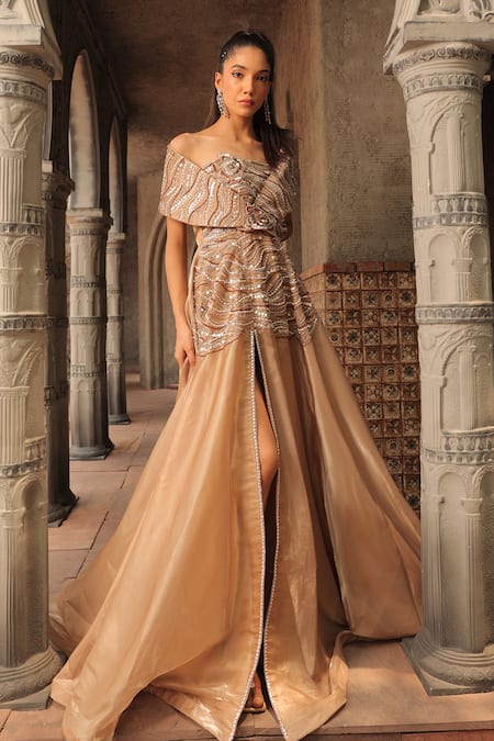 Label Astha Chhabra Gold Glass Organza Hand Embroidered Floral Asymmetric Front Slit Gown 