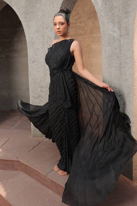 Buy_Label Astha Chhabra_Black Organza Embroidery Asymmetric Pleat Hand Gown With Trail _Online_at_Aza_Fashions