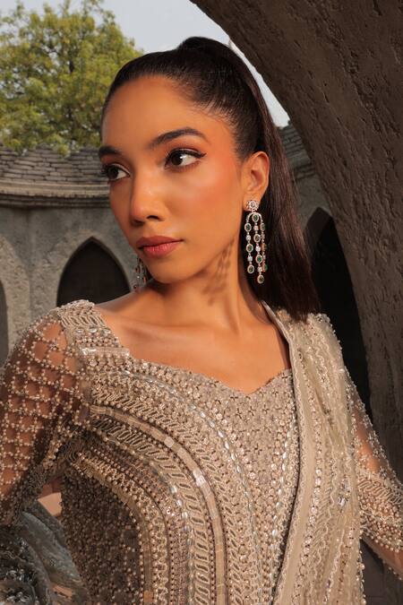 Shop_Label Astha Chhabra_Silver Net, Silk Beads, Pearls, Embroidery Hand Pre-draped Saree With Blouse _Online_at_Aza_Fashions