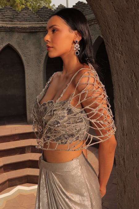 Label Astha Chhabra_Silver Organza Beads Sweetheart Neck Draped Dhoti Skirt With Blouse _Online_at_Aza_Fashions
