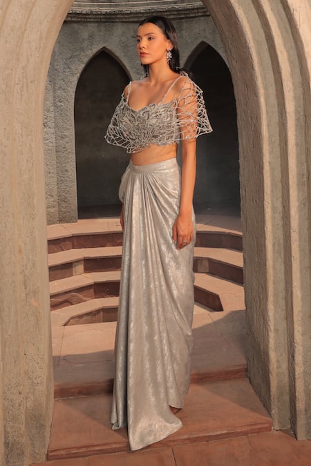 Shop_Label Astha Chhabra_Silver Organza Beads Sweetheart Neck Draped Dhoti Skirt With Blouse _Online_at_Aza_Fashions