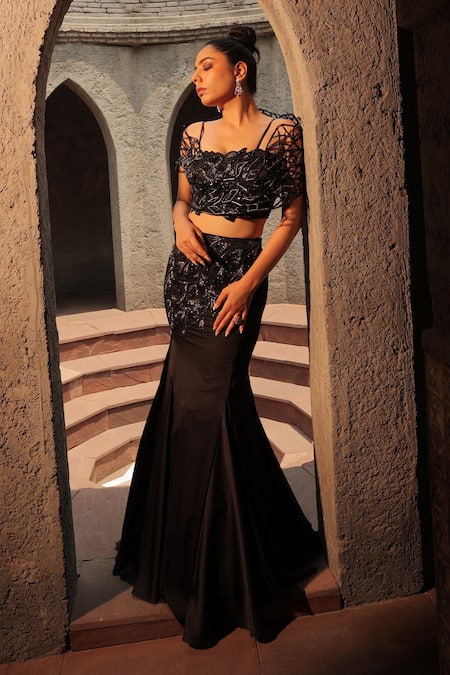 Shop_Label Astha Chhabra_Black Organza, Satin Beads Hand Embroidered Fish Cut Skirt With Blouse 