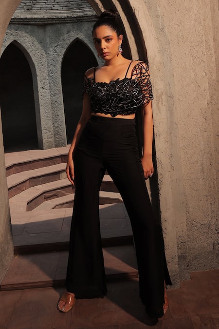 Label Astha Chhabra_Black Organza, Crepe Beads, Embroidery Asymmetric Hand Bustier With Pant _Online_at_Aza_Fashions