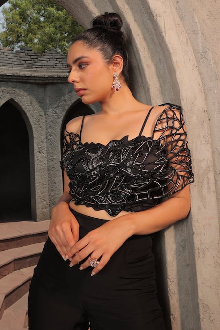 Buy_Label Astha Chhabra_Black Organza, Crepe Beads, Embroidery Asymmetric Hand Bustier With Pant _Online_at_Aza_Fashions