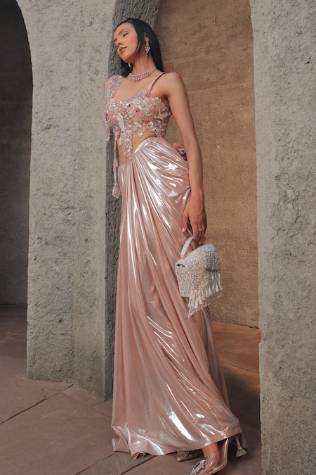 Label Astha Chhabra_Pink Net, Lycra Beads, Sequins, Pearls Draped Skirt With Embroidered Blouse _at_Aza_Fashions