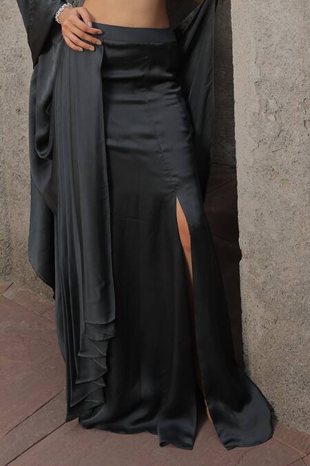 Label Astha Chhabra_Grey Net, Satin, Georgette Embroidery High Slit Pre-draped Saree With Blouse _Online_at_Aza_Fashions