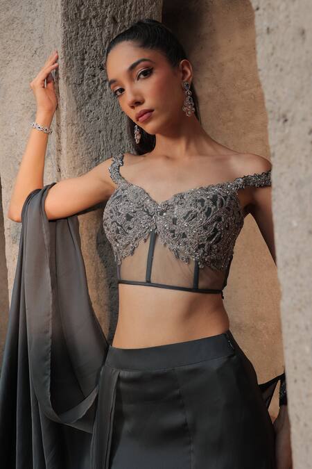 Shop_Label Astha Chhabra_Grey Net, Satin, Georgette Embroidery High Slit Pre-draped Saree With Blouse _Online_at_Aza_Fashions