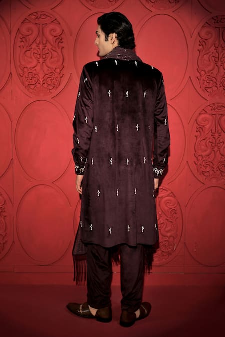 Shop Jubinav Chadha Wine Velvet, Georgette Mirrors, Sequins Embroidered Kurta Pant Set at Aza Fashions Shop_Jubinav Chadha_Wine Velvet, Georgette Mirrors, Sequins Embroidered Kurta Pant Set _at_Aza_Fashions