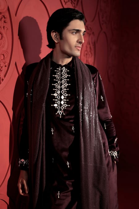 Jubinav Chadha Wine Velvet, Georgette Mirrors, Sequins Embroidered Kurta Pant Set Online at Aza Fashions Jubinav Chadha_Wine Velvet, Georgette Mirrors, Sequins Embroidered Kurta Pant Set _Online_at_Aza_Fashions