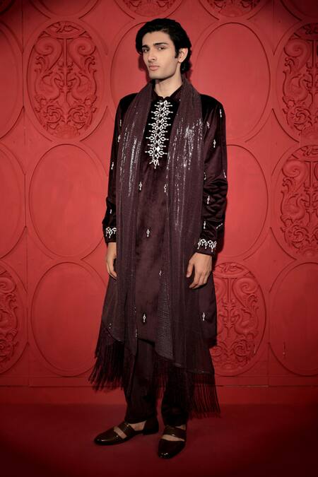 Buy Jubinav Chadha Wine Velvet, Georgette Mirrors, Sequins Embroidered Kurta Pant Set Online at Aza Fashions Buy_Jubinav Chadha_Wine Velvet, Georgette Mirrors, Sequins Embroidered Kurta Pant Set _Online_at_Aza_Fashions