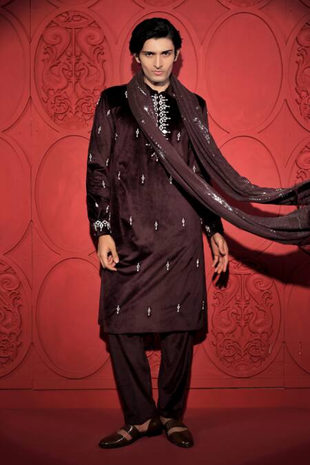 Shop Jubinav Chadha Wine Velvet, Georgette Mirrors, Sequins Embroidered Kurta Pant Set Online at Aza Fashions Shop_Jubinav Chadha_Wine Velvet, Georgette Mirrors, Sequins Embroidered Kurta Pant Set _Online_at_Aza_Fashions