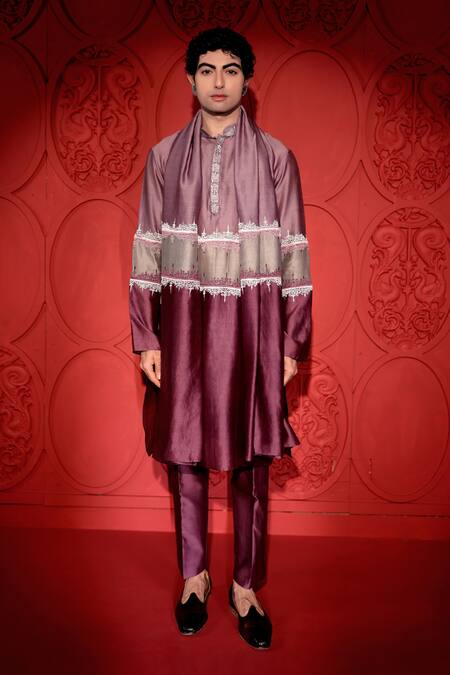 Jubinav Chadha Purple Chanderi Colorblocked Kurta Pant Set Online at Aza Fashions Jubinav Chadha_Purple Chanderi Colorblocked Kurta Pant Set _Online_at_Aza_Fashions