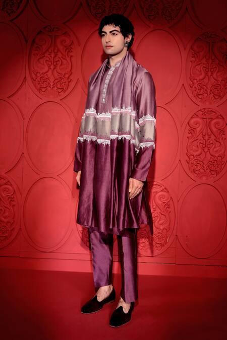 Shop Jubinav Chadha Purple Chanderi Colorblocked Kurta Pant Set Online at Aza Fashions Shop_Jubinav Chadha_Purple Chanderi Colorblocked Kurta Pant Set _Online_at_Aza_Fashions