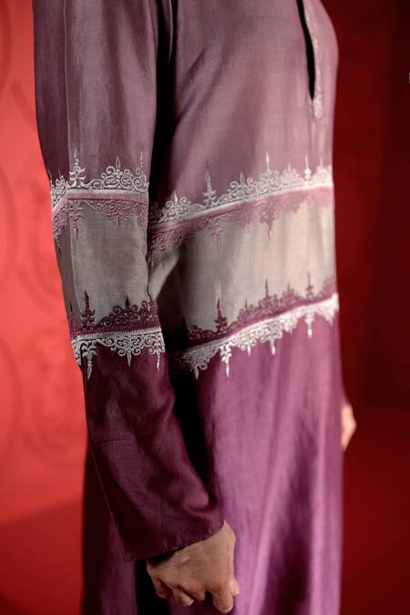 Shop Jubinav Chadha Purple Chanderi Colorblocked Kurta Pant Set Shop_Jubinav Chadha_Purple Chanderi Colorblocked Kurta Pant Set
