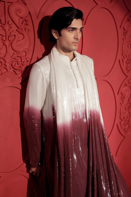 Jubinav Chadha_Wine Georgette Sequins Ombre Kurta Salwar Set _Online_at_Aza_Fashions