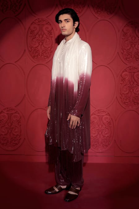 Buy_Jubinav Chadha_Wine Georgette Sequins Ombre Kurta Salwar Set _Online_at_Aza_Fashions