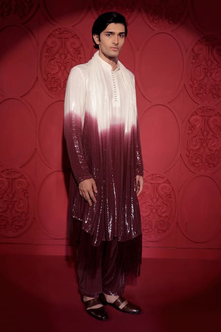 Shop_Jubinav Chadha_Wine Georgette Sequins Ombre Kurta Salwar Set _Online_at_Aza_Fashions