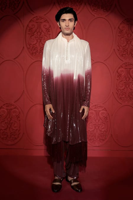 Jubinav Chadha_Wine Georgette Sequins Ombre Kurta Salwar Set _at_Aza_Fashions