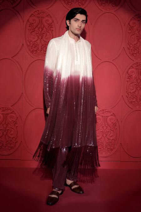 Buy_Jubinav Chadha_Wine Georgette Sequins Ombre Kurta Salwar Set 