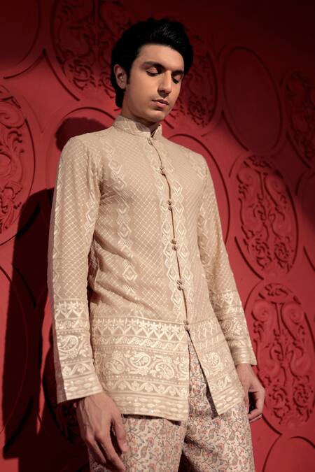 Shop_Jubinav Chadha_Beige Georgette Embroidery Chikankari Short Kurta _Online_at_Aza_Fashions