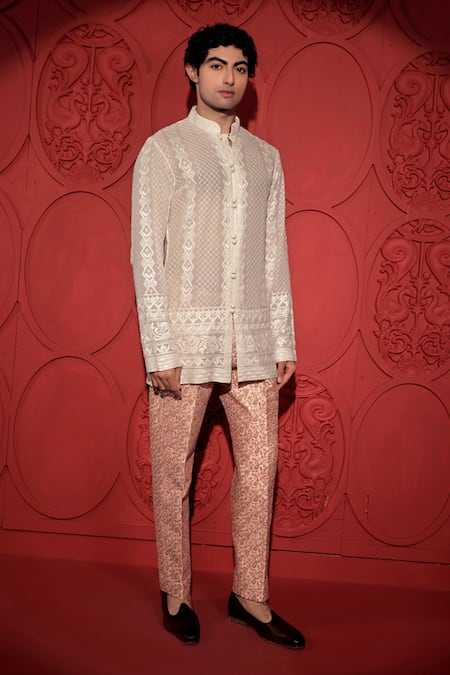 Buy_Jubinav Chadha_White Georgette Embroidery Paisley Chikankari Work Short Kurta _Online_at_Aza_Fashions