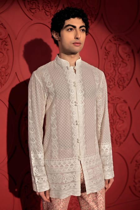 Shop_Jubinav Chadha_White Georgette Embroidery Paisley Chikankari Work Short Kurta _Online_at_Aza_Fashions