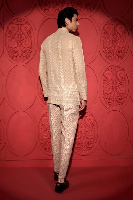 Shop_Jubinav Chadha_Beige Silk Embroidery Floral Jaal Print Pant _at_Aza_Fashions
