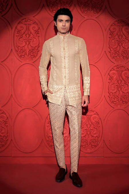 Jubinav Chadha_Beige Silk Embroidery Floral Jaal Print Pant _Online_at_Aza_Fashions