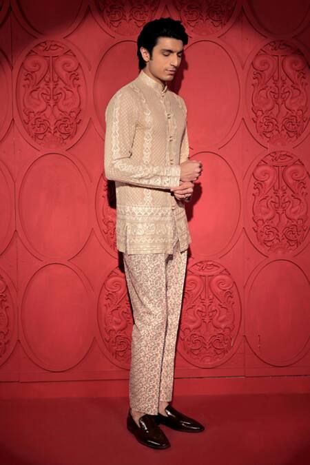 Buy_Jubinav Chadha_Beige Silk Embroidery Floral Jaal Print Pant _Online_at_Aza_Fashions