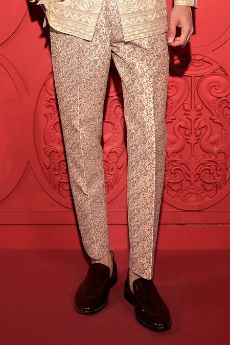 Shop_Jubinav Chadha_Beige Silk Embroidery Floral Jaal Print Pant _Online_at_Aza_Fashions
