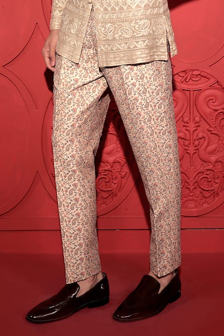 Buy_Jubinav Chadha_Beige Silk Embroidery Floral Jaal Print Pant 