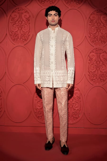 Jubinav Chadha_Peach Silk Embroidery Paisley Jaal Print Pant _Online_at_Aza_Fashions